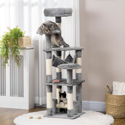 PawHut Katzenbaum Katzenkratzbaum Katzenspielturm Katzen Kletterbaum Kratzbaum Hängematte Grau L40 x B40 x H132 cm