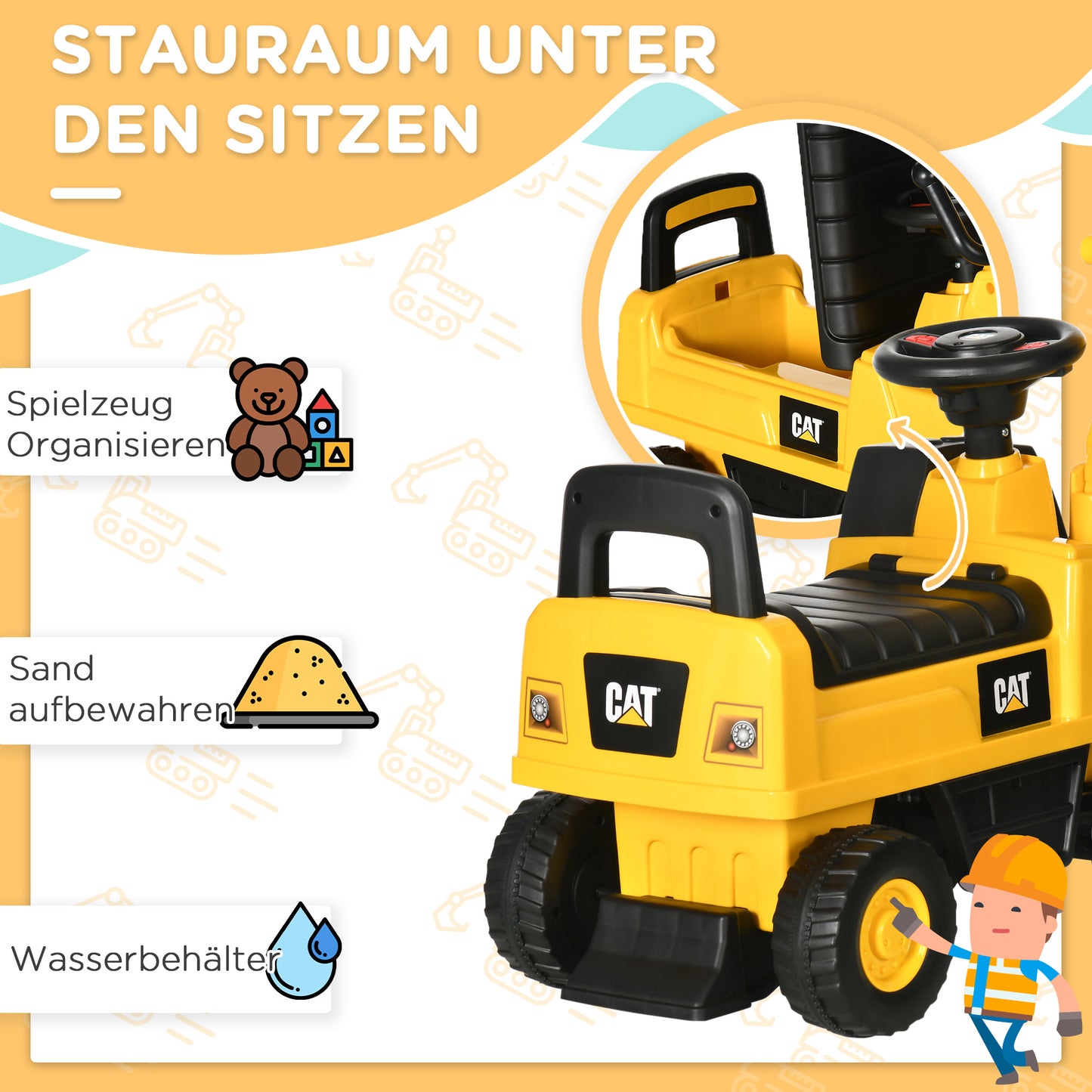 HOMCOM Kinderbagger, Rutscher, bedienbare Schaufel, Kippschutz, rutschfeste Räder, gelb+schwarz, 85 x 27,5 x 47,5 cm