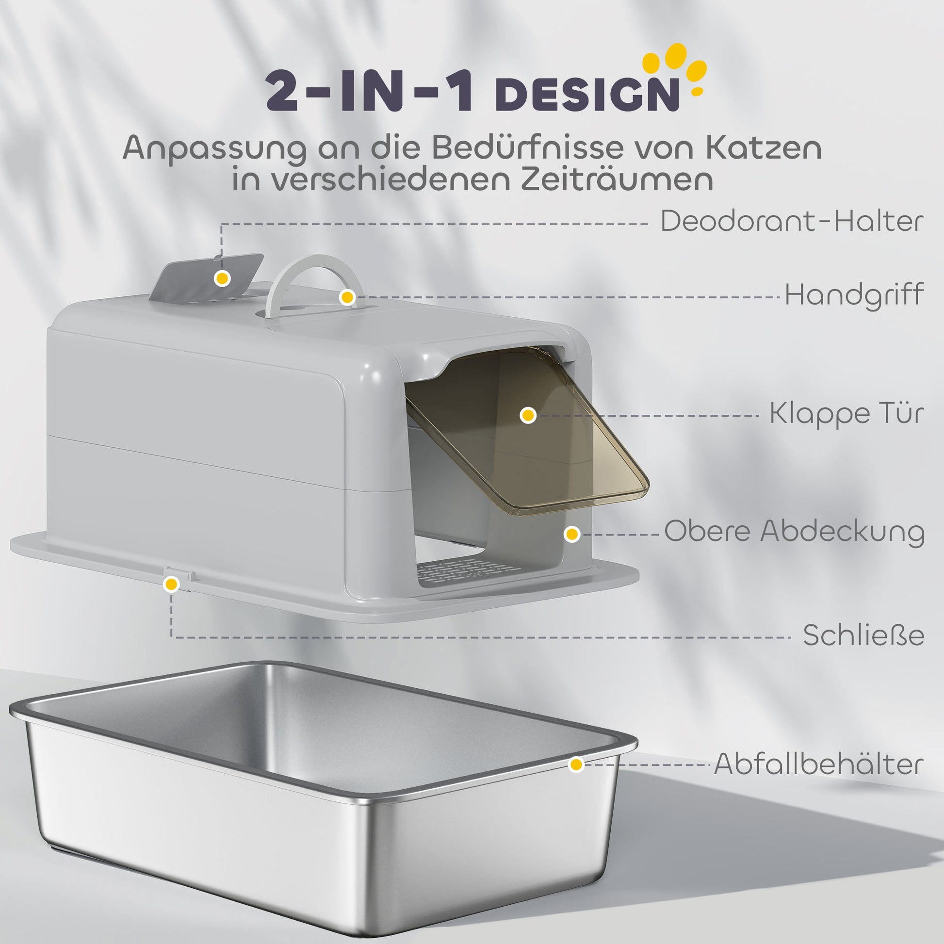 PawHut Katzentoilette, Wanne aus Edelstahl, Filter, Schaufel, für Katzen bis 6 kg, 40,5 x 60,5 x 41,5 cm, Grau/Silber