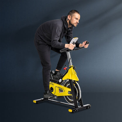 HOMCOM Fahrradtrainer höhenverstellbarer Heimtrainer Fitnessfahrrad Rollentrainer mit Riemenantrieb LCD-Display Stahl ABS Gelb+Schwarz 45,5 x 100 x 101-113 cm