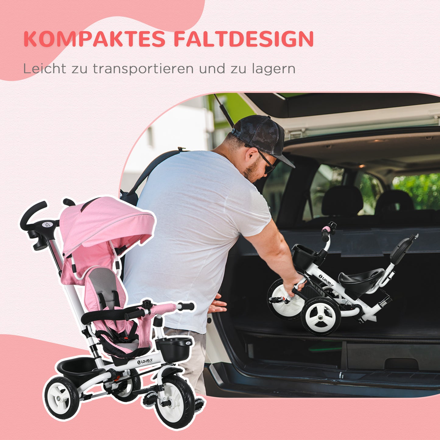 HOMCOM 6-in-1 Kinderdreirad mit Schiebestange, Dach, Gurt, Ablagekorb, 18+ Monate, Rosa
