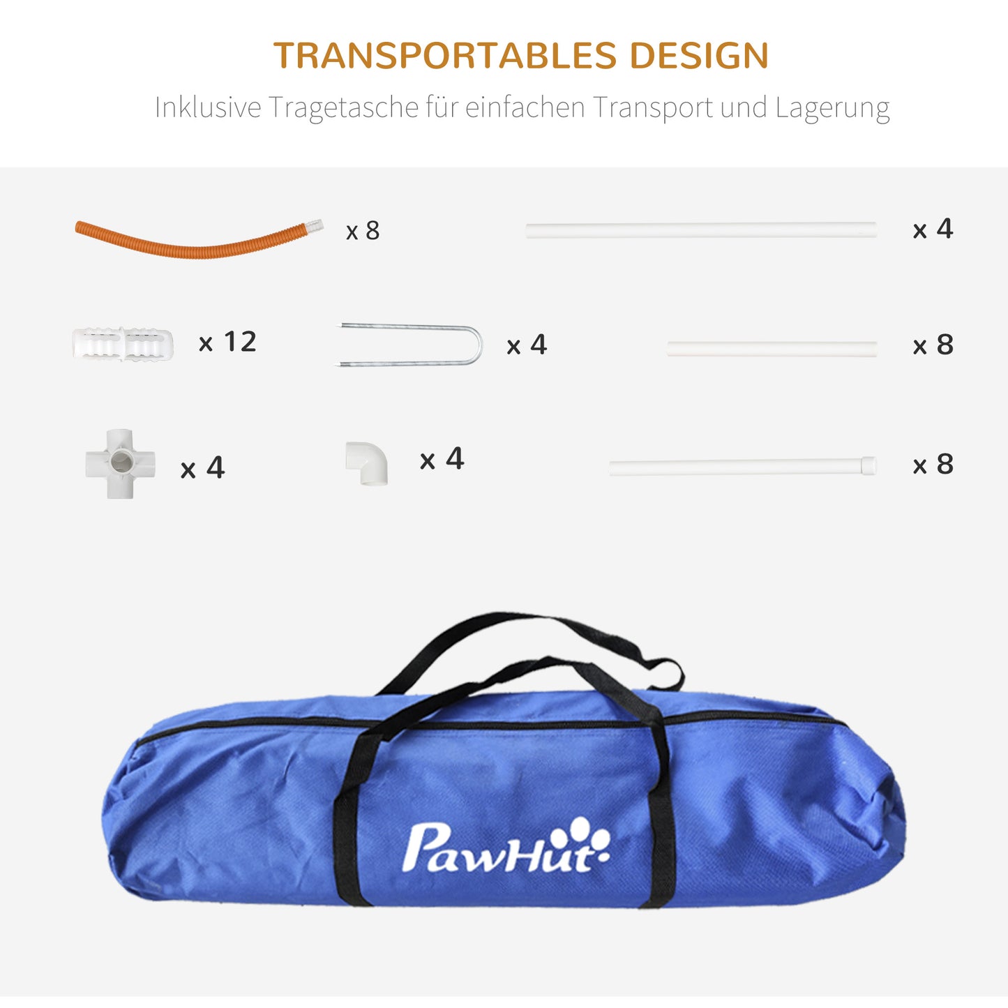 PawHut Agility-Set för Hunde, 4-teilig, inkl. Tragetasche, Kunststoff, 89x69x99 cm, Weiß+Orange