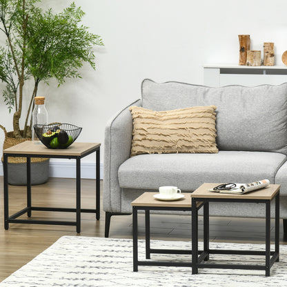 HOMCOM Satztisch-Set aus 3 Beistelltischen, Industrial Design, schwarzer Stahlrahmen, Tischplatte in Holzoptik