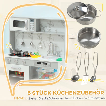 AIYAPLAY Spielküche mit Herd, Mikrowelle, viel Zubehör, höhenverstellbar, 70,1 x 28 x 90,2/96,1 cm, Weiß