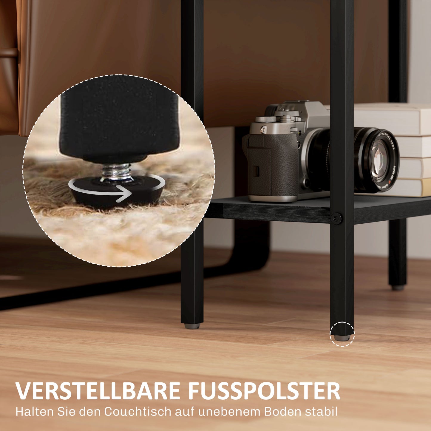 HOMCOM Beistelltisch, 3-stufiges Design, Regale in Holzoptik, Stahlrahmen, Schwarz