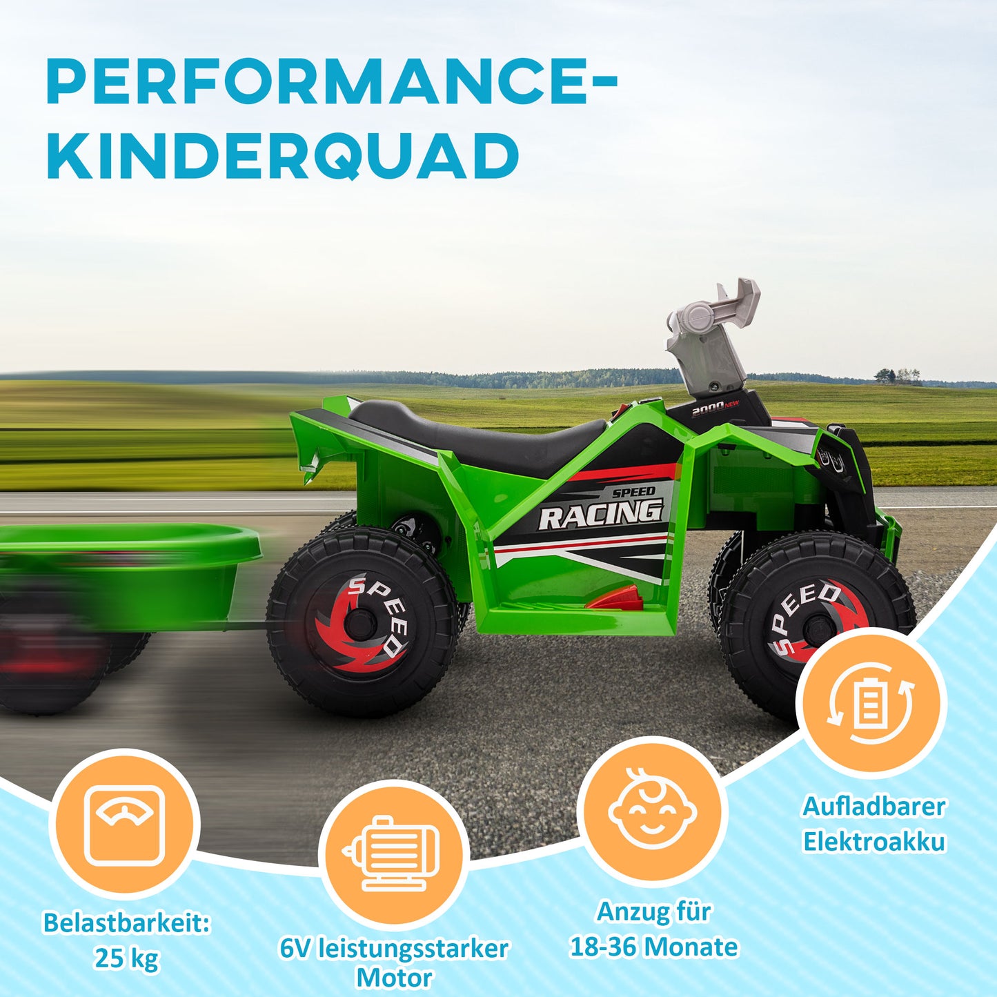 HOMCOM Kinderquad, aufladbar, 2,5 km/h, mit Anhänger, 50 Min. Fahrzeit, für Kinder 1,5 bis 3 Jahre, Grün