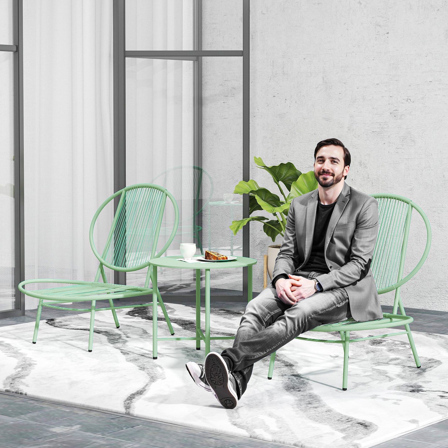 Outsunny Bistro-Set 3-teilig aus Polyrattan Wetterfest Gartenmöbel Set mit Bistrotisch Muschelförmige Gartenstühlen Grün