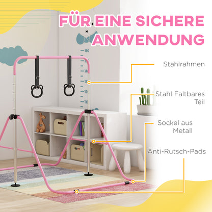 HOMCOM Kinder-Turnbarren mit Ringen, höhenverstellbar, klappbar, rutschfest, Stahlrahmen, 148x105x88-128 cm, Pink