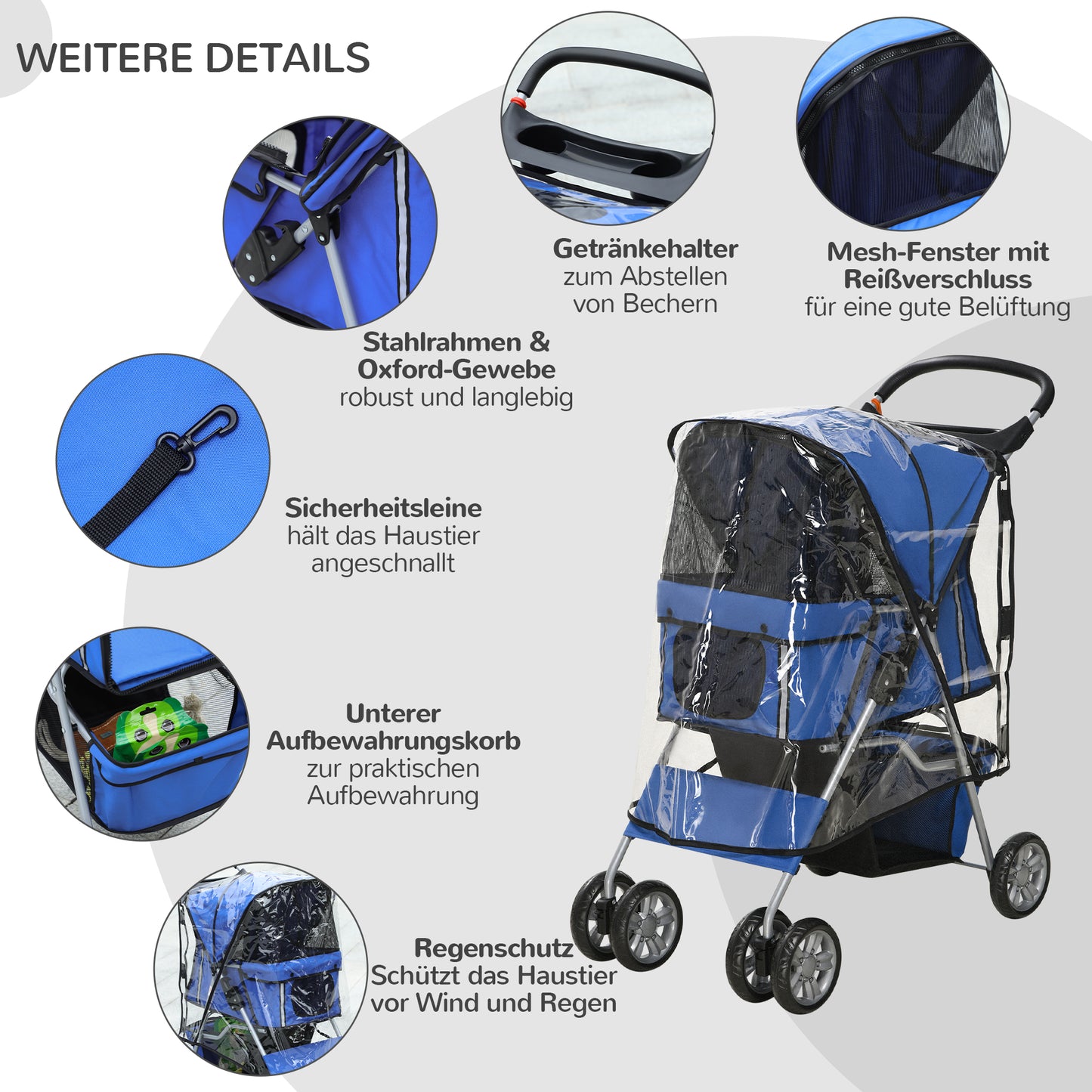 PawHut Hundebuggy Hundewagen bis 10 kg Klappbar Regenschutz Bodenkorb 2 Becherhalter 75 cm x 45 cm x 97 cm, Blau