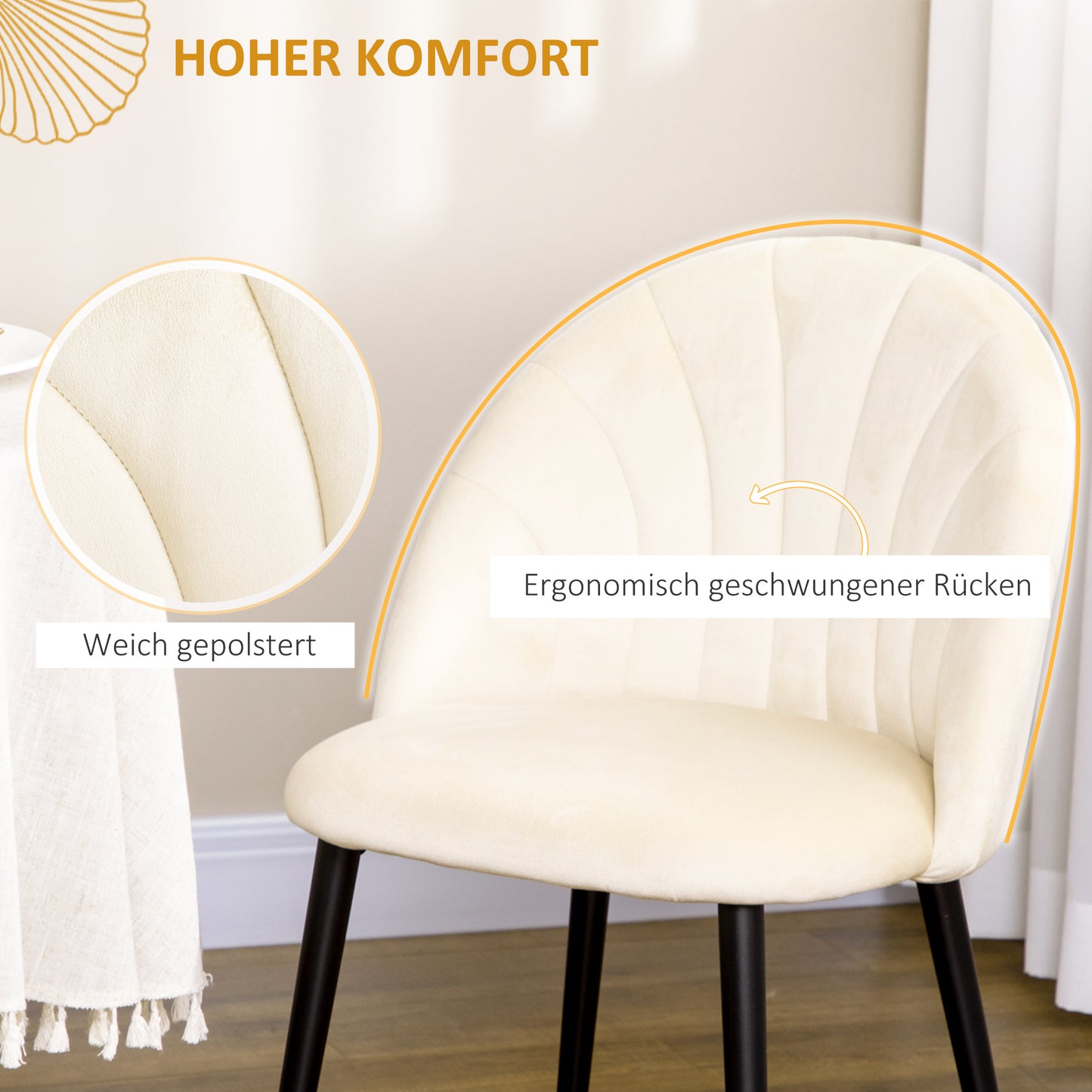 HOMCOM 2er-Set Esszimmerstühle im Skandi-Design, Küchenstühle, Samptoptik, Creme + Schwarz