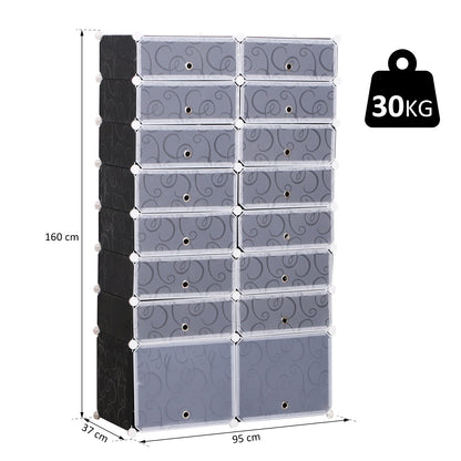 HOMCOM Schuhboxen 16er Set Schuhkarton stapelbar Schuhorganizer Schuhaufbewahrung Aufbewahrungsboxen Regalsystem mit Tür, Schwarz + Weiß
