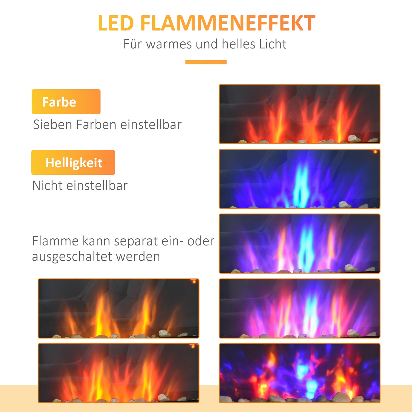 HOMCOM Elektrischer Wandkamin, 1000W/2000W, LED-Feuereffekt, Fernbedienung, stilvoller Look, mit Heizfunktion