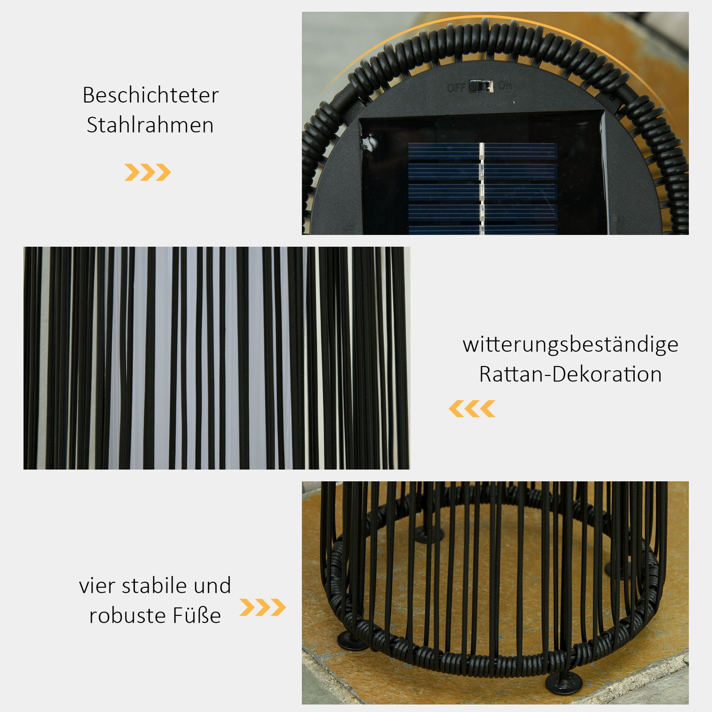 Outsunny Gartenleuchte, Außenlampe, solarbetrieben, 8 Stunden Betrieb, Rattanoptik, schwarz, 21,5 x 21,5 x 61 cm