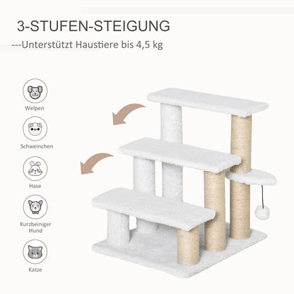PawHut Katzentreppe 3-stufige Haustiertreppe mit Kratzsäulen Ball Hundetreppe Tiertreppe für Katzen bis 5 kg Plüsch Jute Weiß 45 x 40 x 48 cm