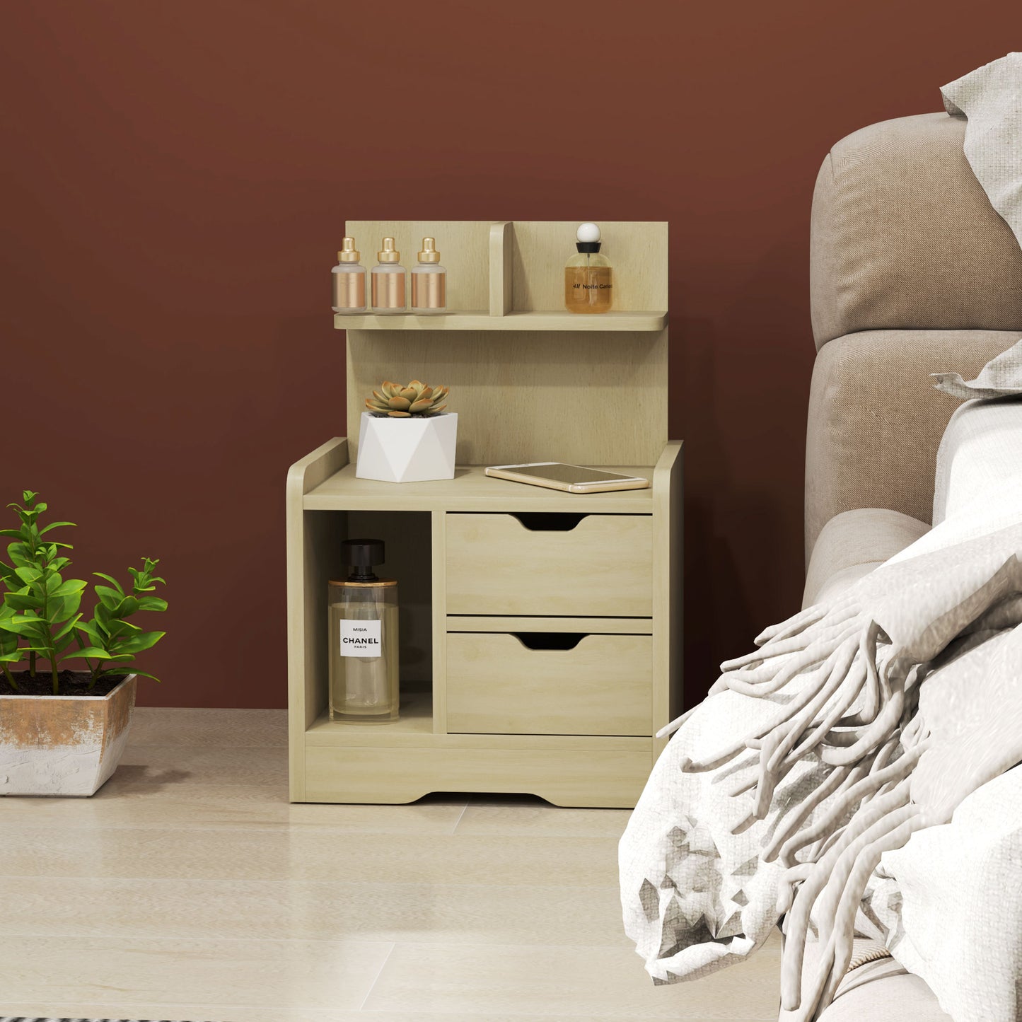 HOMCOM Nachttisch mit 2 Schubladen, offener Ablage, 40x30x60 cm, Holzdekor