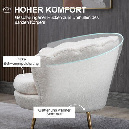 HOMCOM Polstersessel in Muschelform, Relaxsessel, Entspannungssessel, Metallbeine in Goldoptik, 79L x 77B x 77H cm, Weiß