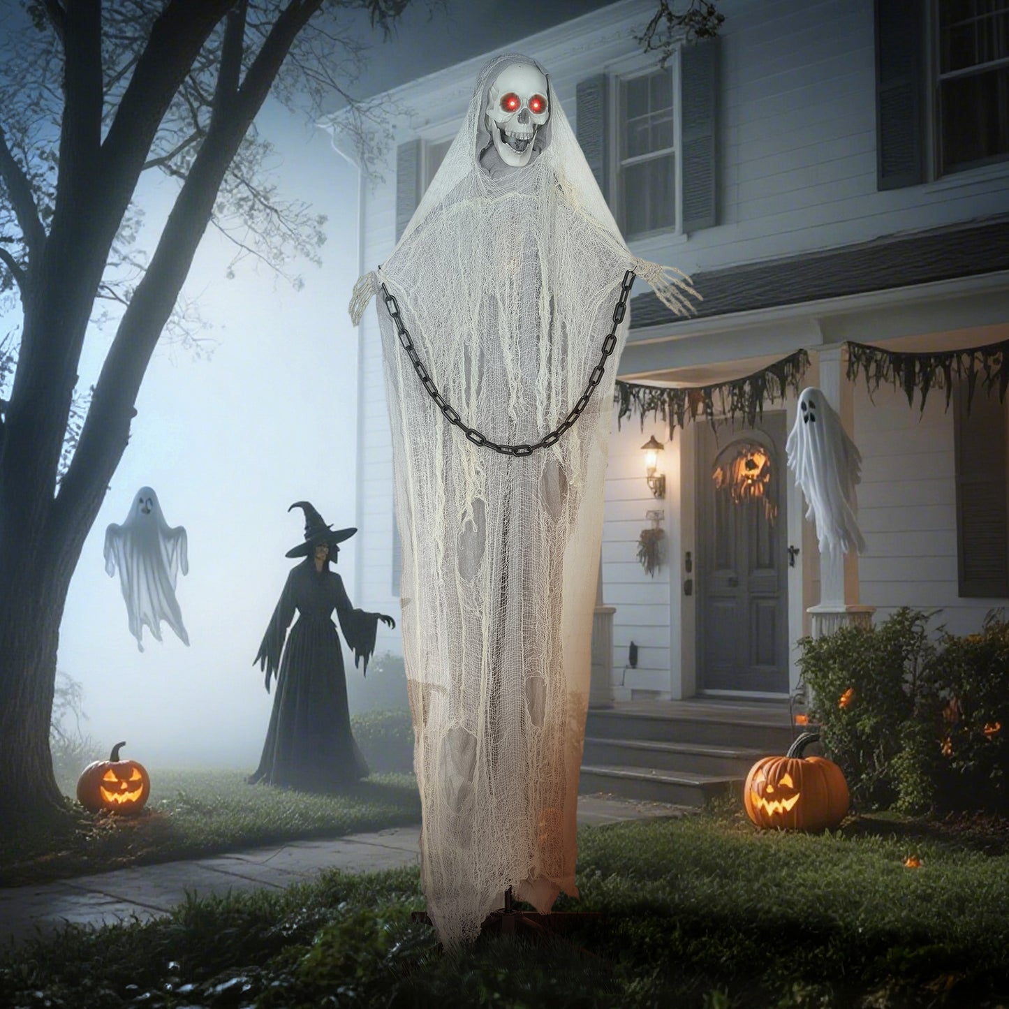Outsunny Halloween Deko Sensenmann Outdoor 183cm Animiert Sprechende Halloween Sensenmann mit Leuchtenden Augen gruseligem Sound Halloweendeko Halloween-Dekoration für Tür Garten Party Hof Spukhaus