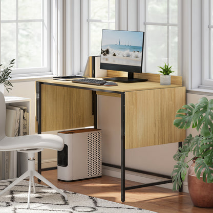 HOMCOM Klappbarer Computertisch mit 2 Ausziehplatten, viel Platz für Monitore, Metallbeine, robuste Konstruktion, Eiche+Schwarz