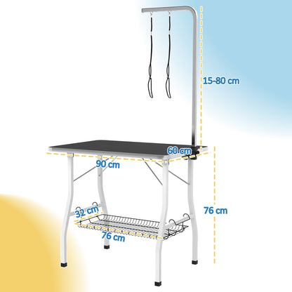 PawHut Hundepflegetisch, Frisiertisch mit einstellbar Arm, Aufbewahrungsfach, Gummioberfläche, 90 x 60 x 76 cm, Schwarz