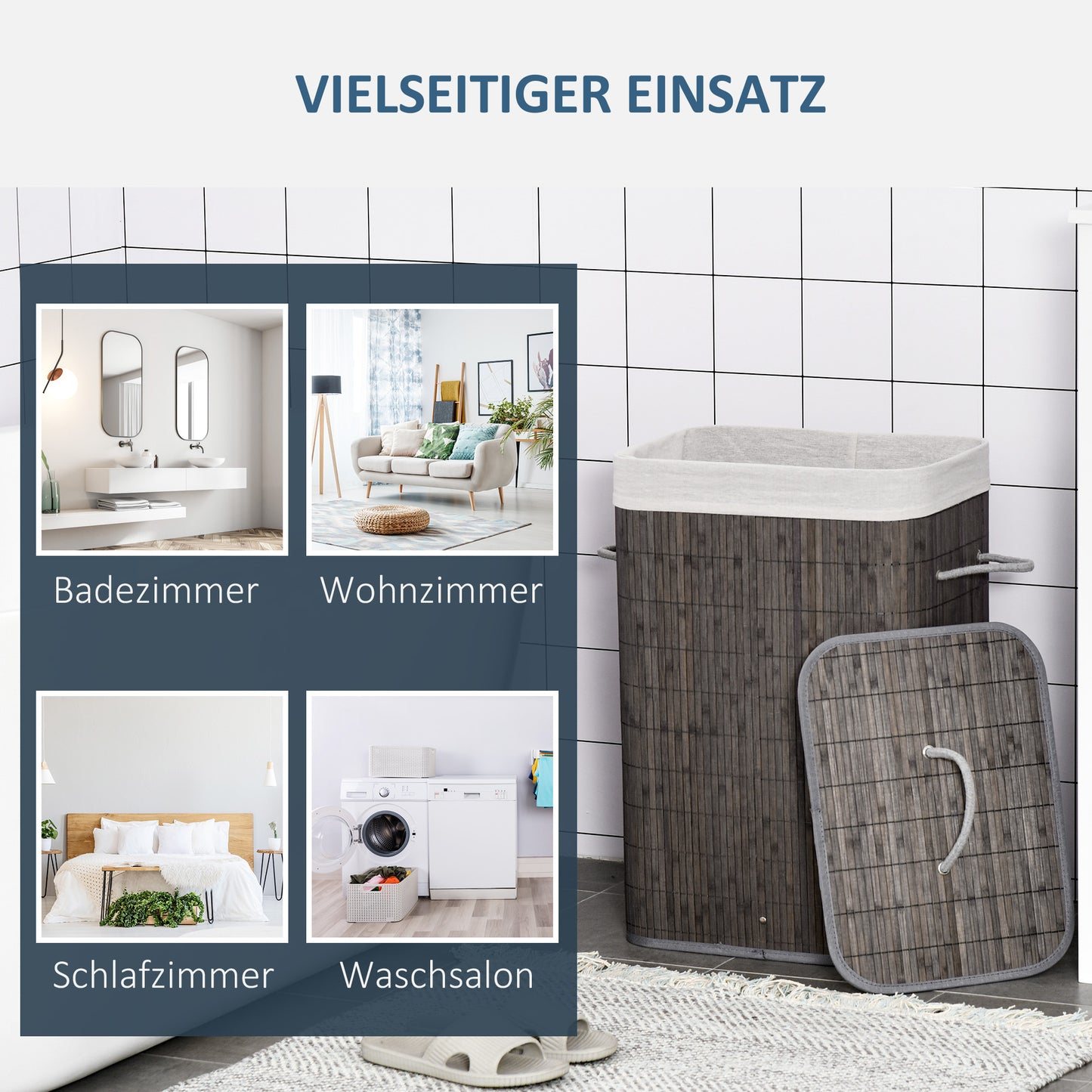 HOMCOM Wäschekorb mit Griffen und waschbarem Wäschesack, Rattan, Polyester, Baumwolle, Metall, 43L x 32B x 61H cm, Grau