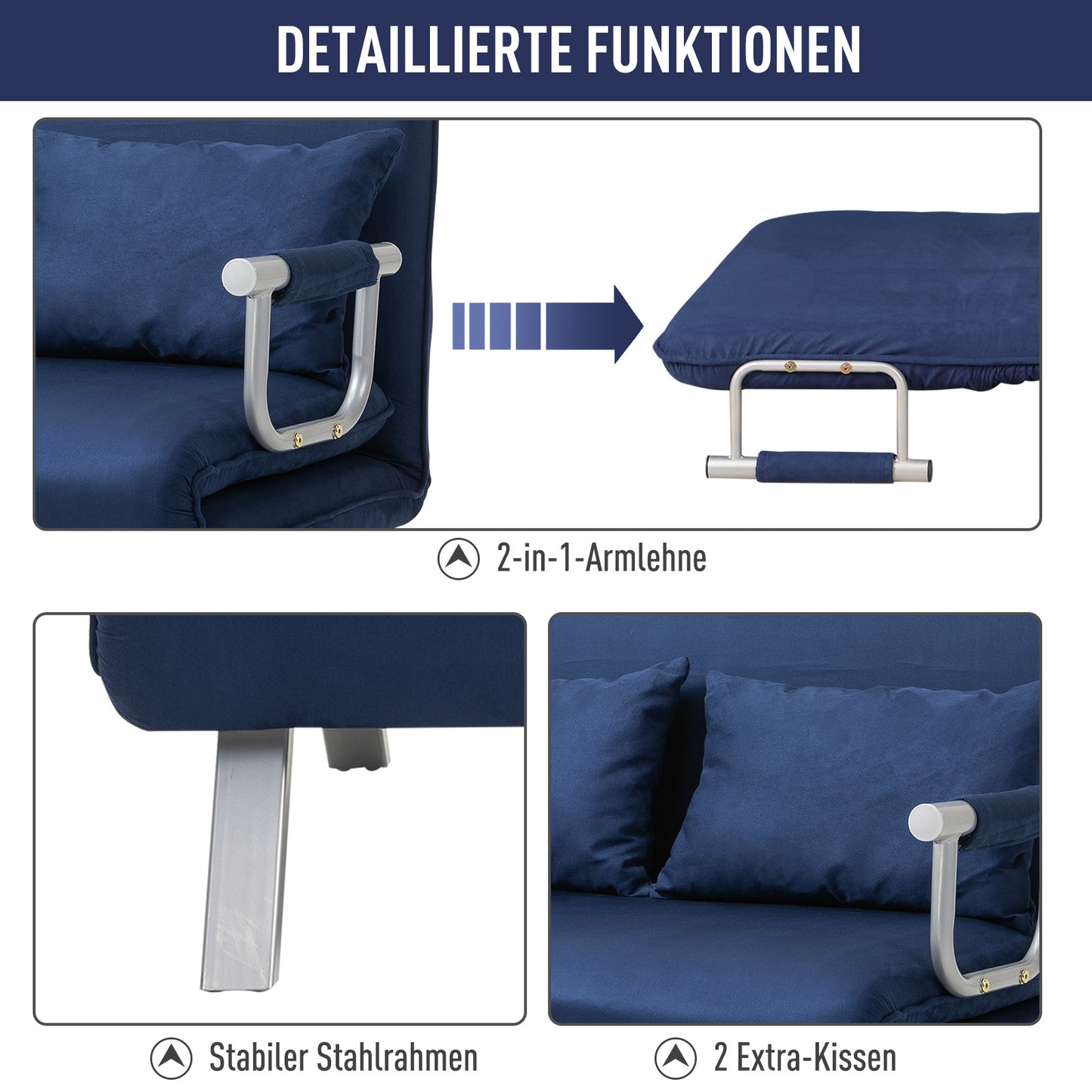 HOMCOM Schlafsofa, 5-fach verstellbar, Wildlederimitat, Metallrahmen, inkl. Kissen, Marineblau