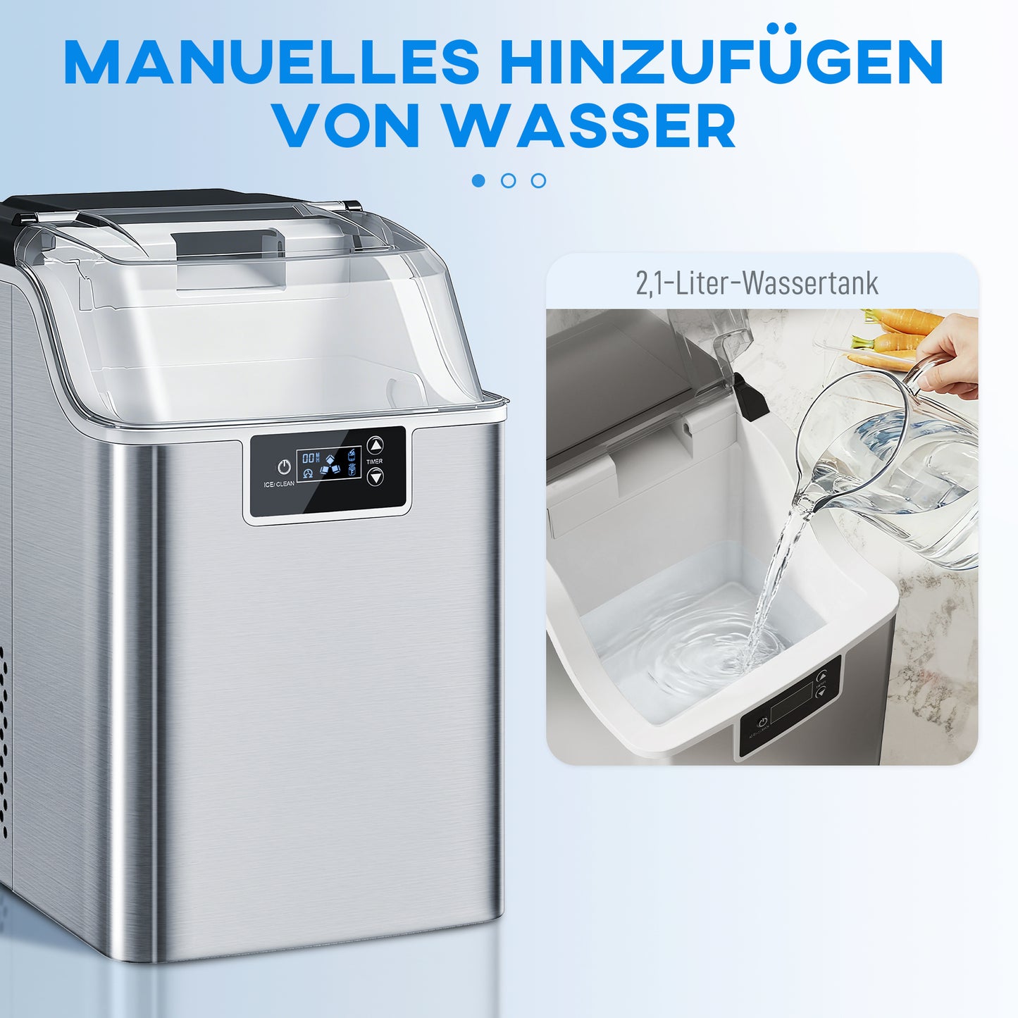 HOMCOM Eiswürfelmaschine, Eiswürfelspender, Ice-Maker, 20 kg/24h Eiswürfelbereiter mit 2,1 L Wassertank, Silber