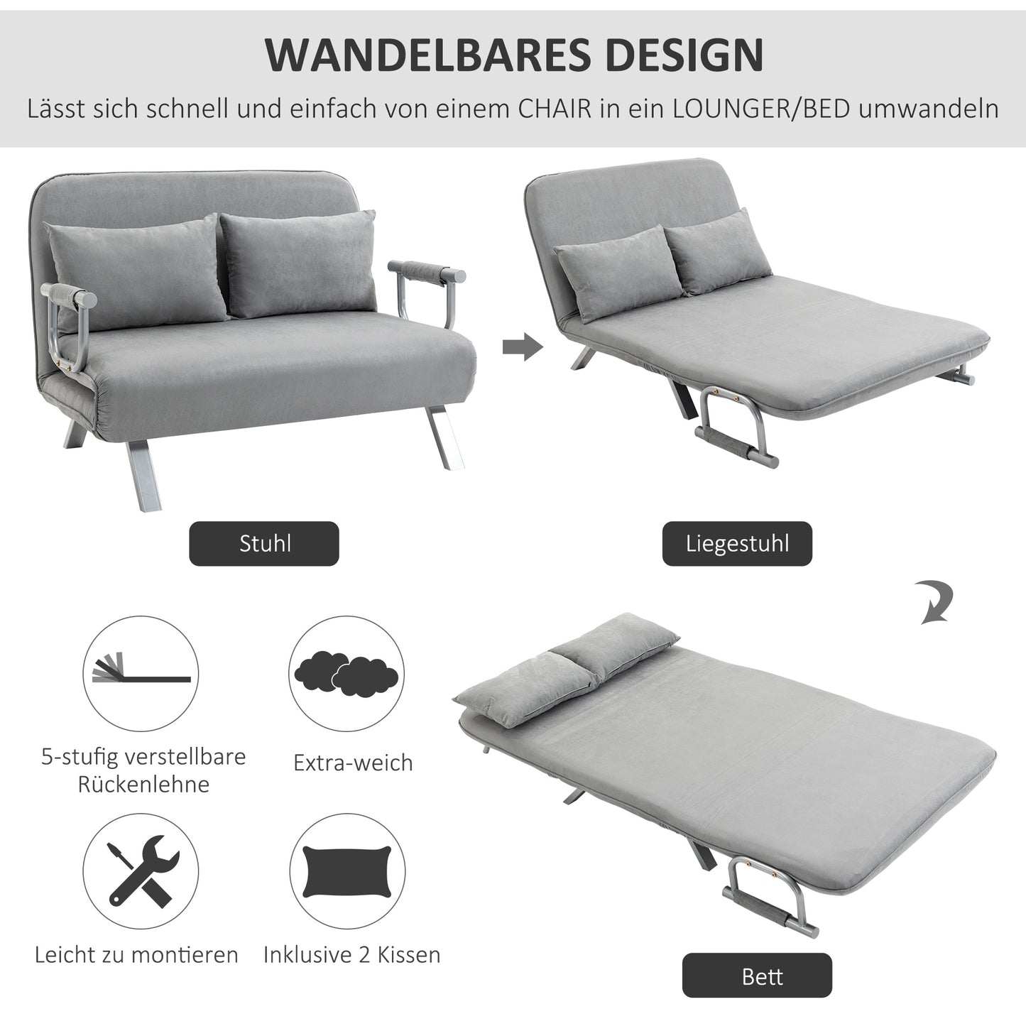 HOMCOM Schlafsofa, Doppelsofa, Gästebett, inklusive 2 Kissen, Grau