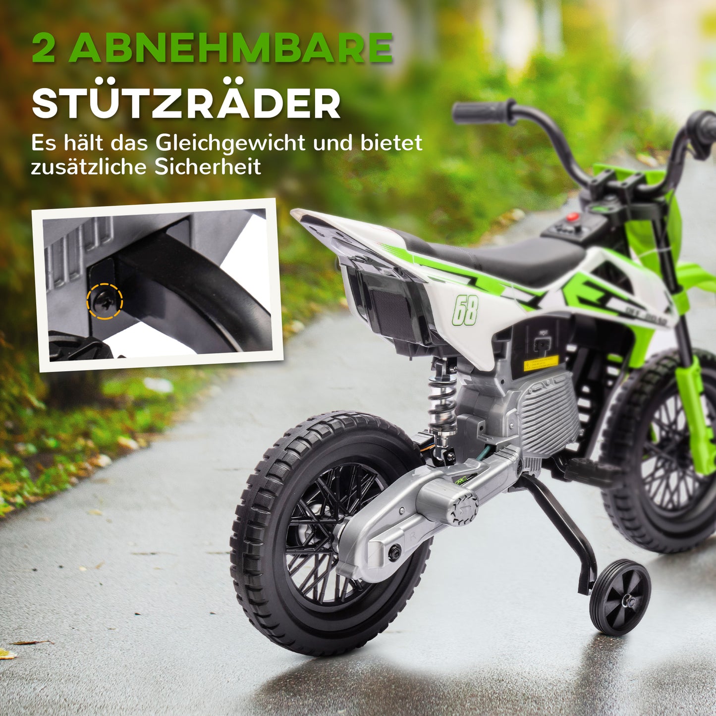 AIYAPLAY Elektro-Motorrad für Kinder, 12V Kindermotorrad mit Musik, Kinderfahrzeug mit Trainingsrädern, 3-6 Jahre, Grün