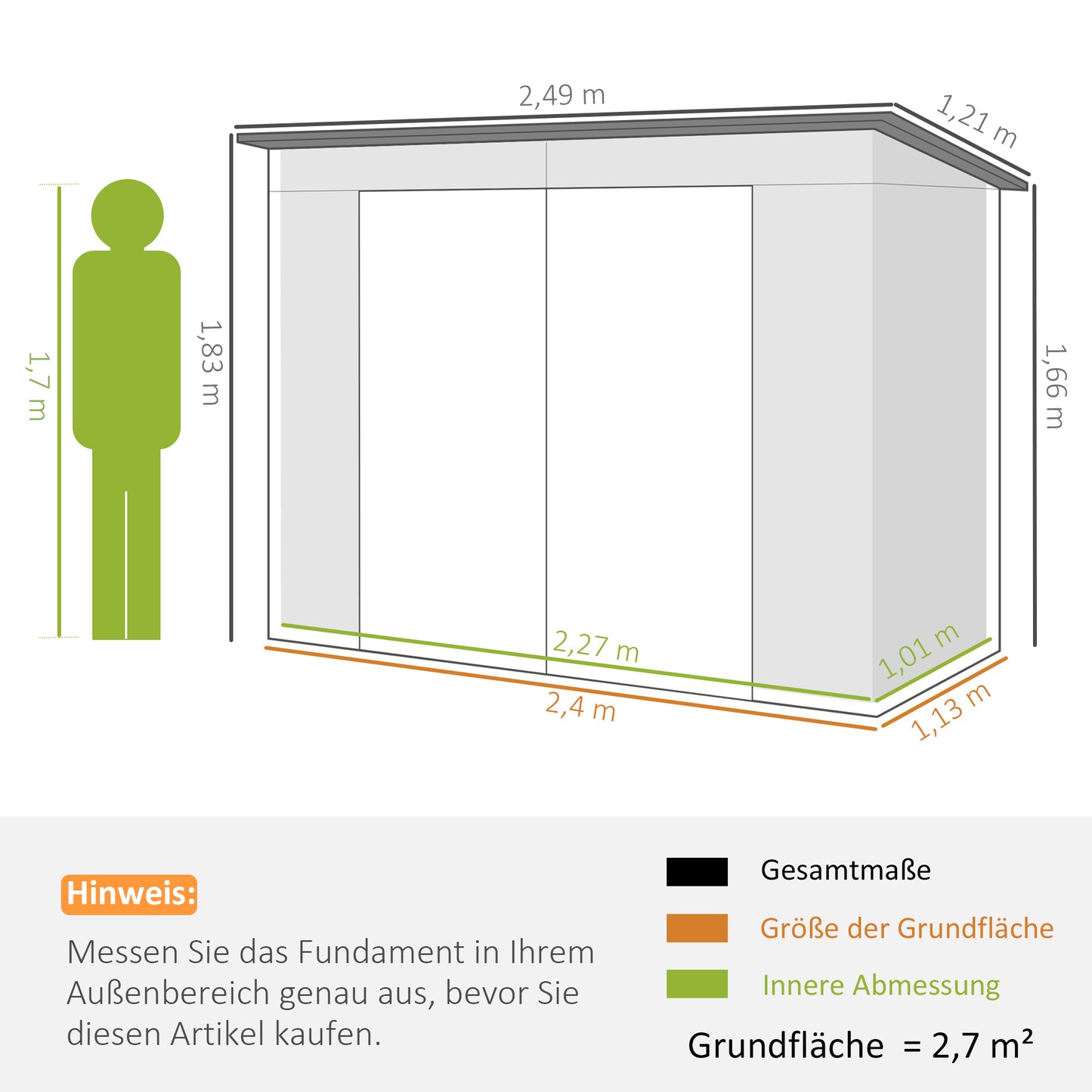 Outsunny Stahlgartenschuppen, Geräteschuppen, Doppeltüren, 249B x 121T x 166/183Hcm, Grau