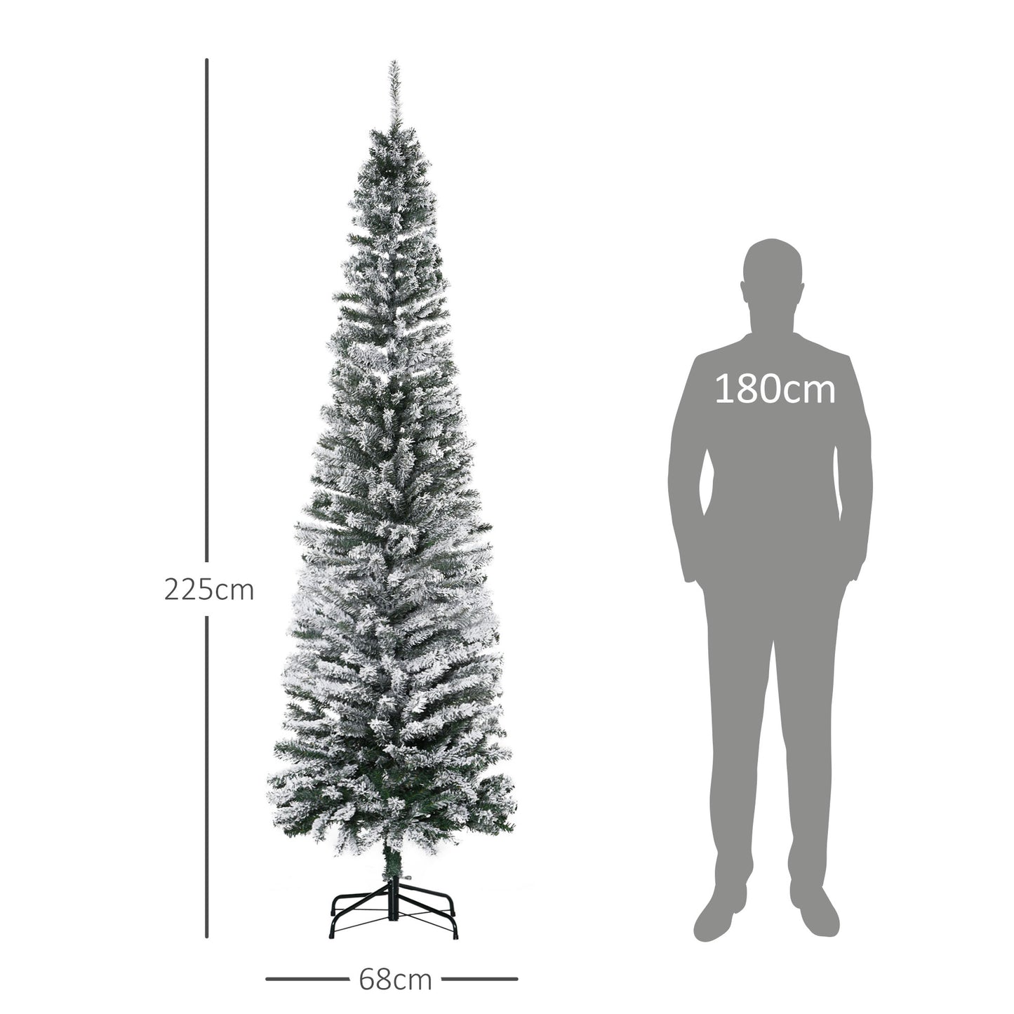 HOMCOM Künstlicher Weihnachtsbaum 225 cm Bleistift Kiefernbaum mit Schnee, 738 Spitzen für drinnen