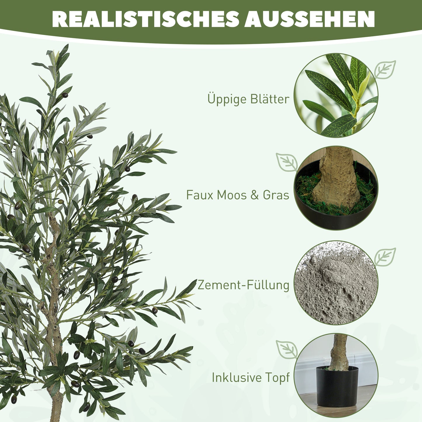 HOMCOM Kunstpflanze, Künstlicher Olivenbaum, 180 cm, 900 Blätter, 40 Oliven, stabiler Blumentopf, Dekorationspflanze, Grün
