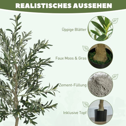 HOMCOM Kunstpflanze, Künstlicher Olivenbaum, 180 cm, 900 Blätter, 40 Oliven, stabiler Blumentopf, Dekorationspflanze, Grün