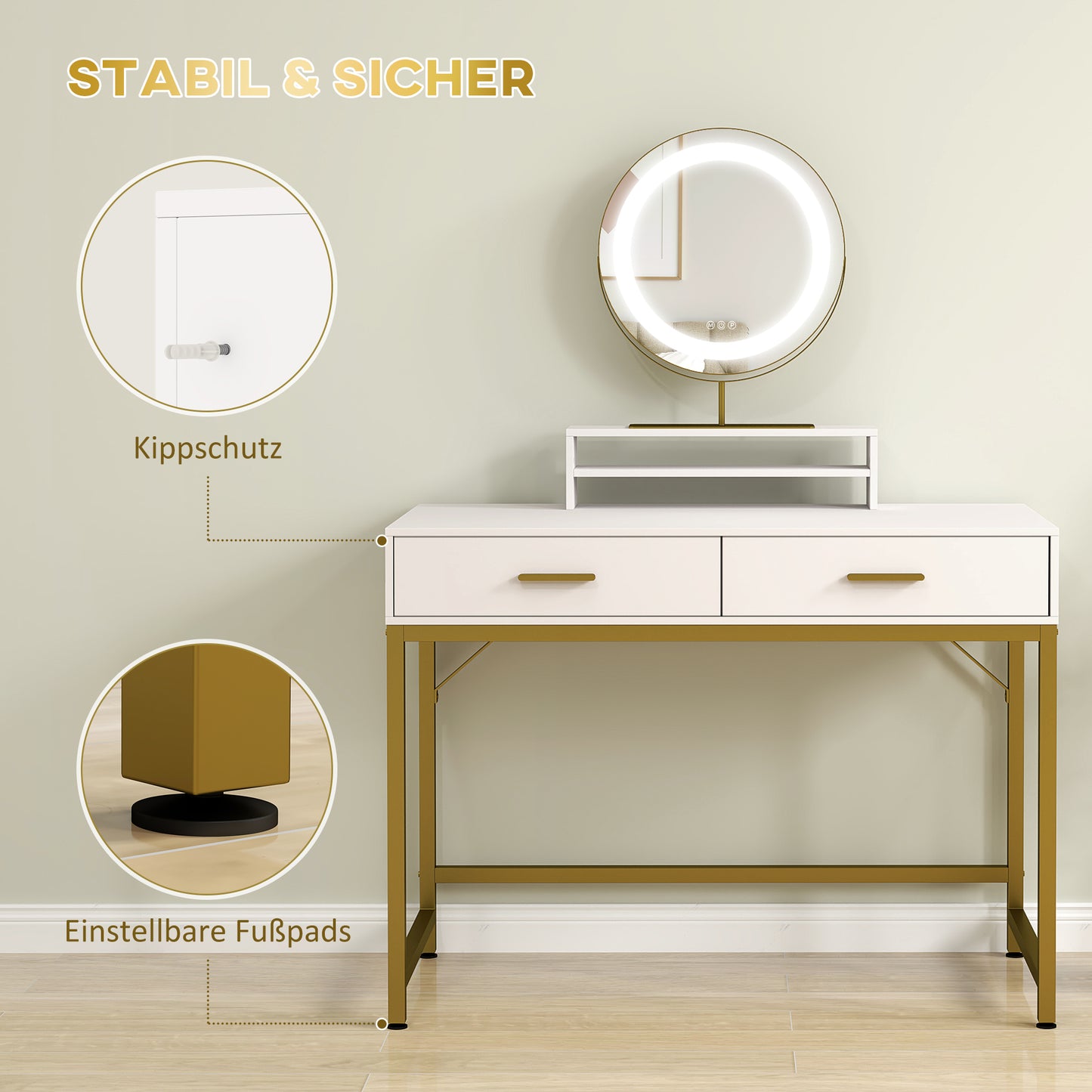 HOMCOM Kosmetiktisch mit 360° Spiegel, LED-Beleuchtung, 2 Schubladen, Weiß/Gold