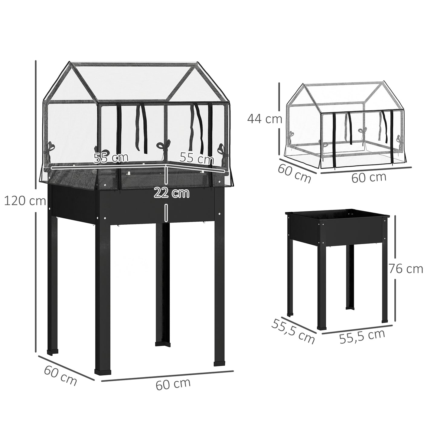Outsunny Hochbeet mit Gewächshaus-Dach, Erhöhte Pflanzenbox mit Ablauflöchern, 60 x 60 x 120 cm, Schwarz