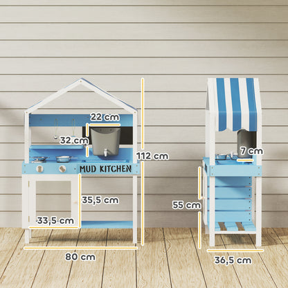 AIYAPLAY Outdoor-Spielküche für Kinder mit Sonnendach, Kochgeschirr-Set, Massivholz, Blau