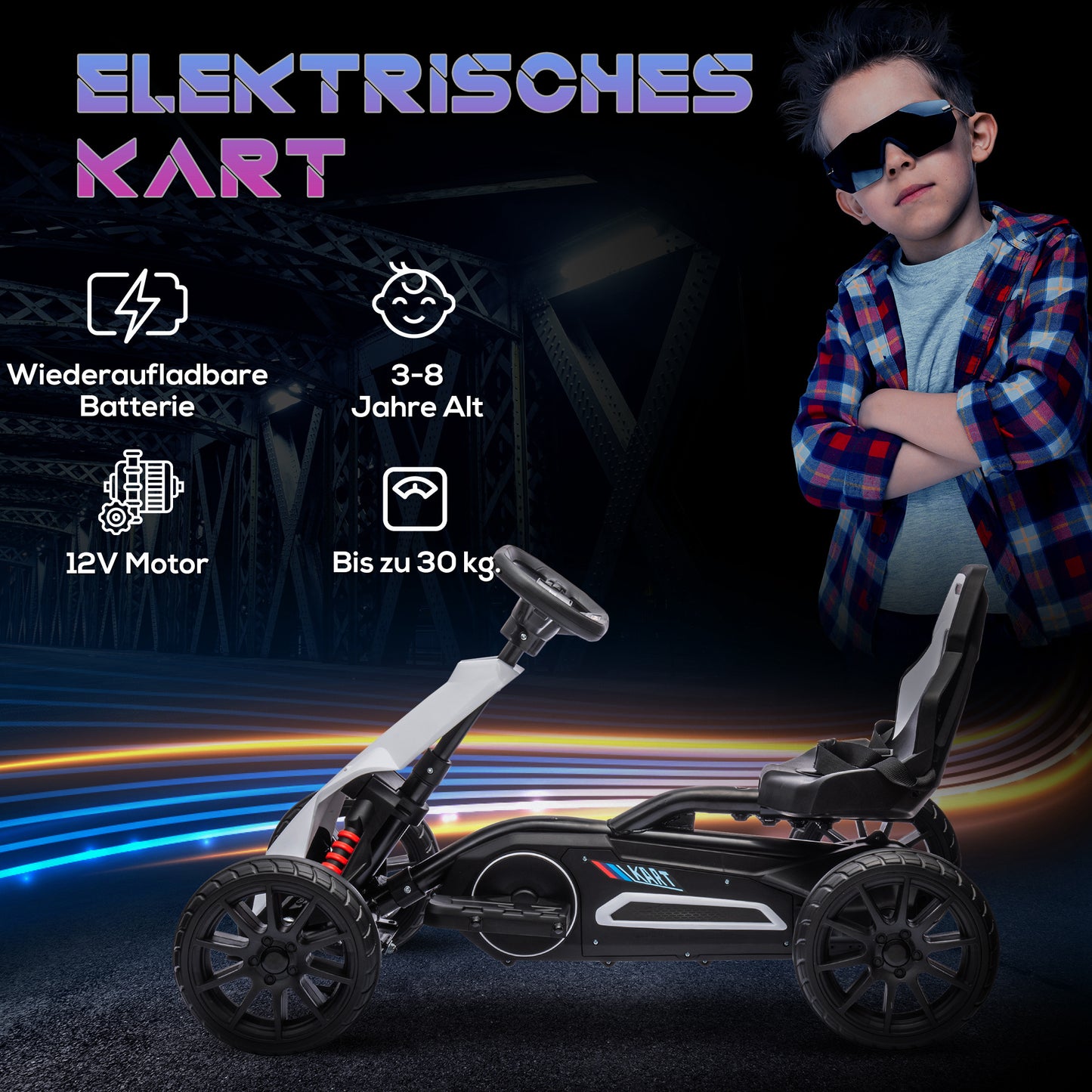 HOMCOM Go-Kart für Kinder, Elektro-Kart, bis 5 km/h, Sicherheitsgurt, Sitz mit Rückenlehne, Kunststoff, Metall, Weiß