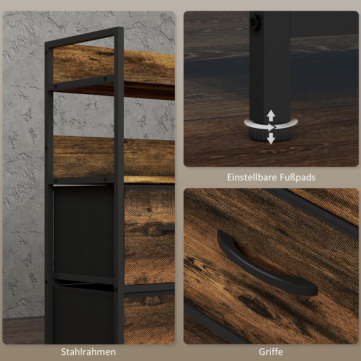 HOMCOM Stoff-Kommode, 7 faltbare Schubladen, 2 Regale, Stahlrahmen, Braun