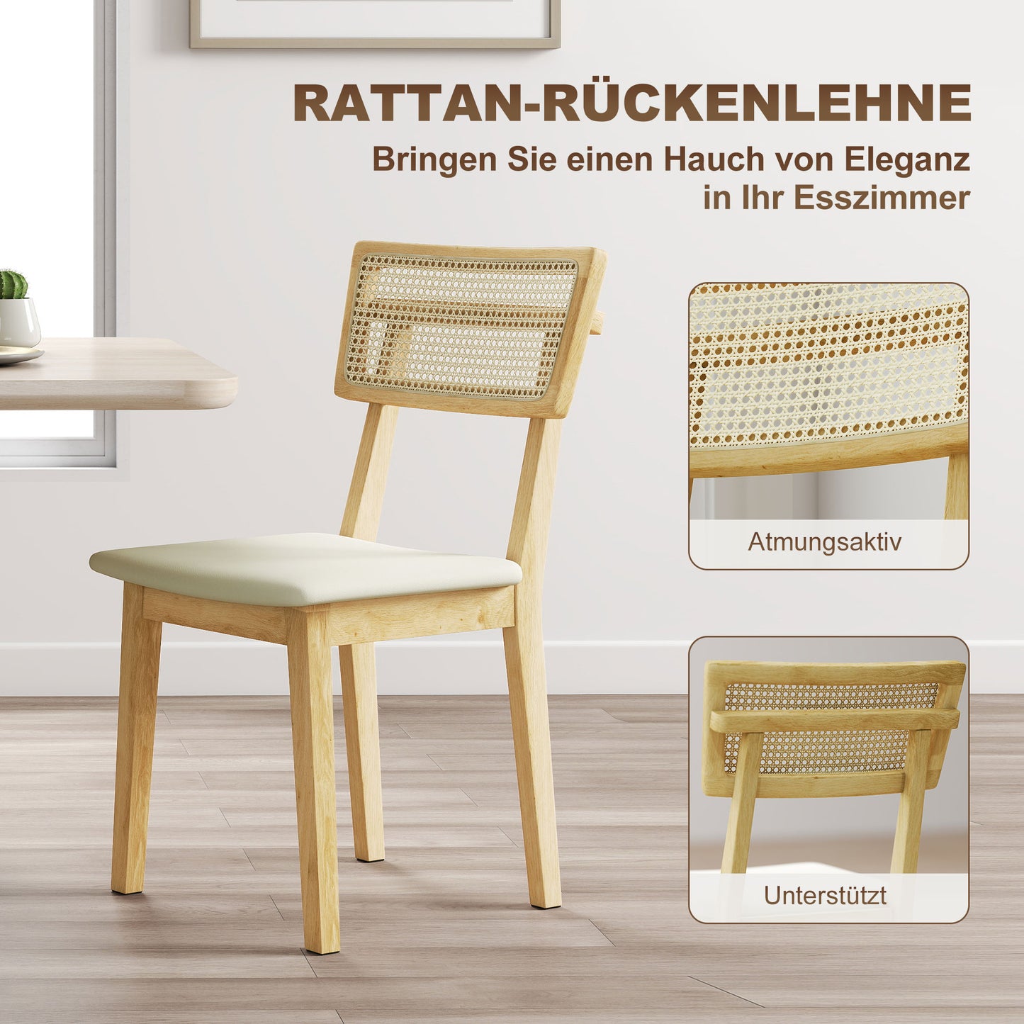 HOMCOM Esszimmerstuhl, Rattan-Rückenlehne, Kunstleder-Sitz, Kautschukholz, Naturholz