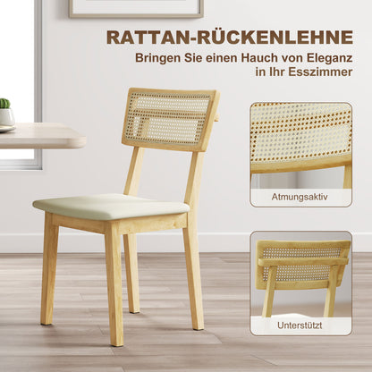 HOMCOM Esszimmerstuhl, Rattan-Rückenlehne, Kunstleder-Sitz, Kautschukholz, Naturholz