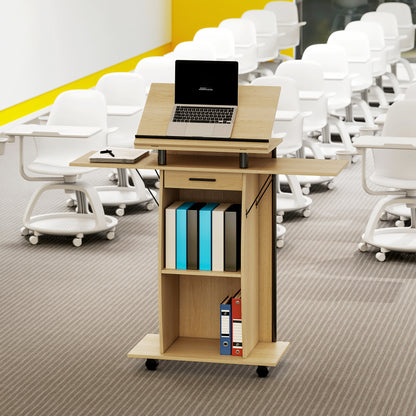 HOMCOM Rollbarer Podiumsständer, Redepult mit klappbaren Seitenflügeln, Laptop-Tisch mit Schublade und Regalen, Eichenoptik