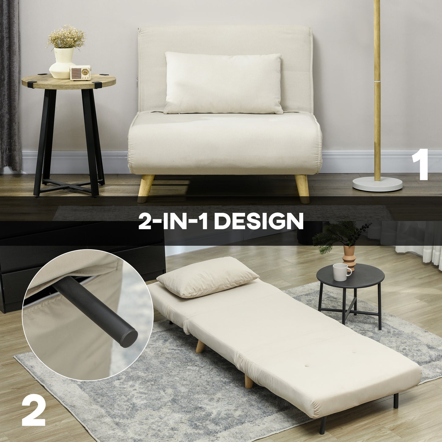 HOMCOM Klappsessel mit Bettfunktion, Klappbarer Relaxsessel in Samtoptik, Verstellbare Lehne, bis 120 kg belastbar, Beige