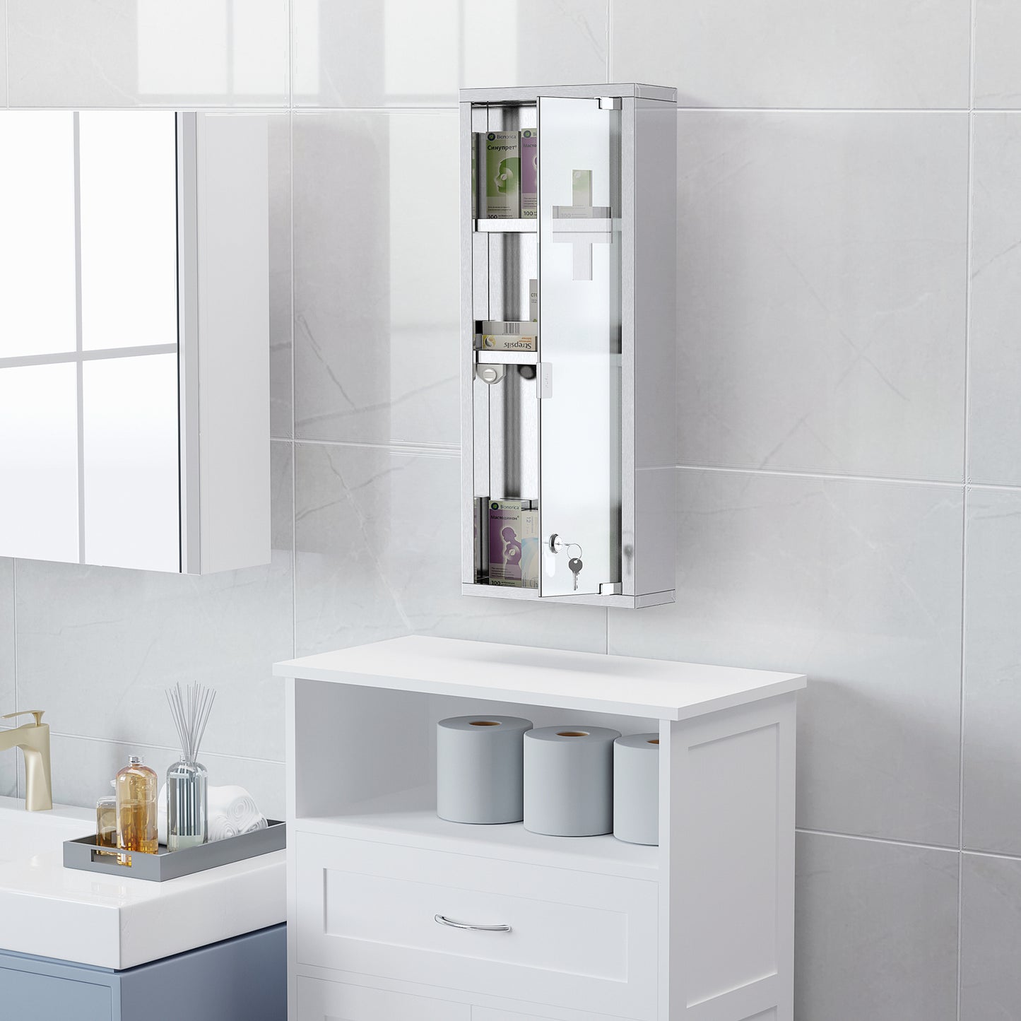 kleankin Medizinschrank aus Edelstahl und gehärtete Glastür Arzneischrank zur Medikamenten-Aufbewahrung, Abschließbar Medikamentenschrank mit 3 Fächern, Erste Hilfe Schrank, 20 x 12 x 58 cm, Silber