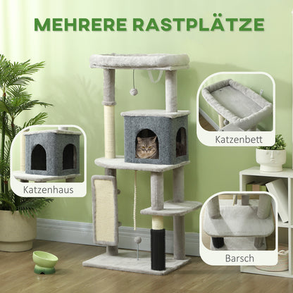 PawHut 132 cm Katzenbaum mit Kratzpfosten, Bett, Haus, Sprungplattformen, Pflegebürste, Hellgrau