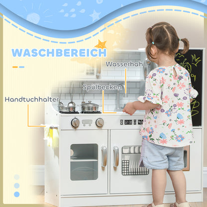 AIYAPLAY Kinderküche, Spielküche mit Telefon, Kreidetafel, Mikrowelle, Herd, Spüle, Zubehör, Eiswürfelmaschine, 3-8 Jahre, Weiß