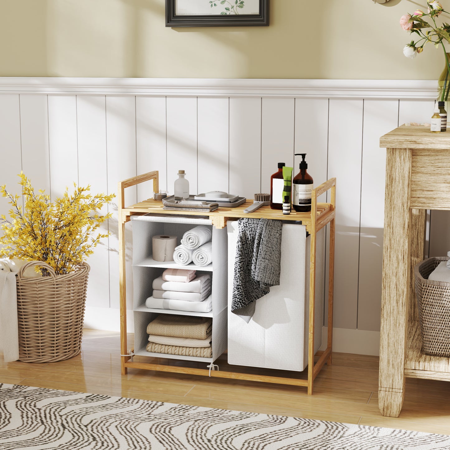 HOMCOM Wäschekorb mit Wäschesack, Stoffschublade, Bambus, 70x36x70 cm, Weiß/Holz