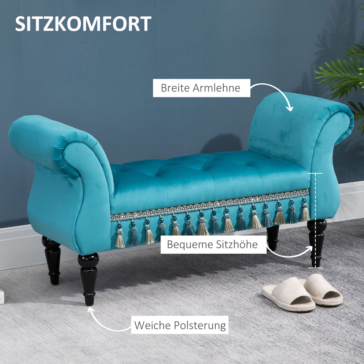 HOMCOM Sitzbank Polsterbank mit Samt-Bezug, Armlehne Bettbank mit Holzrahmen, Schuhbank für Schlafzimmer, Wohnzimmer, Flur 117 x 40 x 58 cm Blå