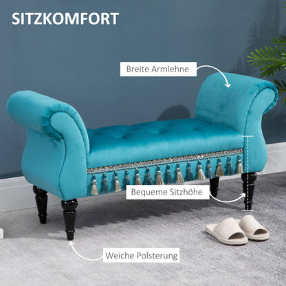 HOMCOM Sitzbank Polsterbank mit Samt-Bezug, Armlehne Bettbank mit Holzrahmen, Schuhbank für Schlafzimmer, Wohnzimmer, Flur 117 x 40 x 58 cm Blå