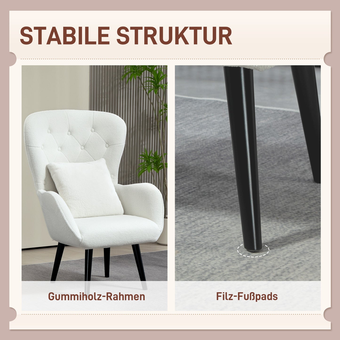 HOMCOM Polstersessel mit Rautensteppung, Bezug aus Teddystoff, mit Dekokissen, 88 x 75 x 106 cm, Weiß