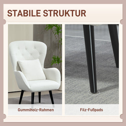 HOMCOM Polstersessel mit Rautensteppung, Bezug aus Teddystoff, mit Dekokissen, 88 x 75 x 106 cm, Weiß