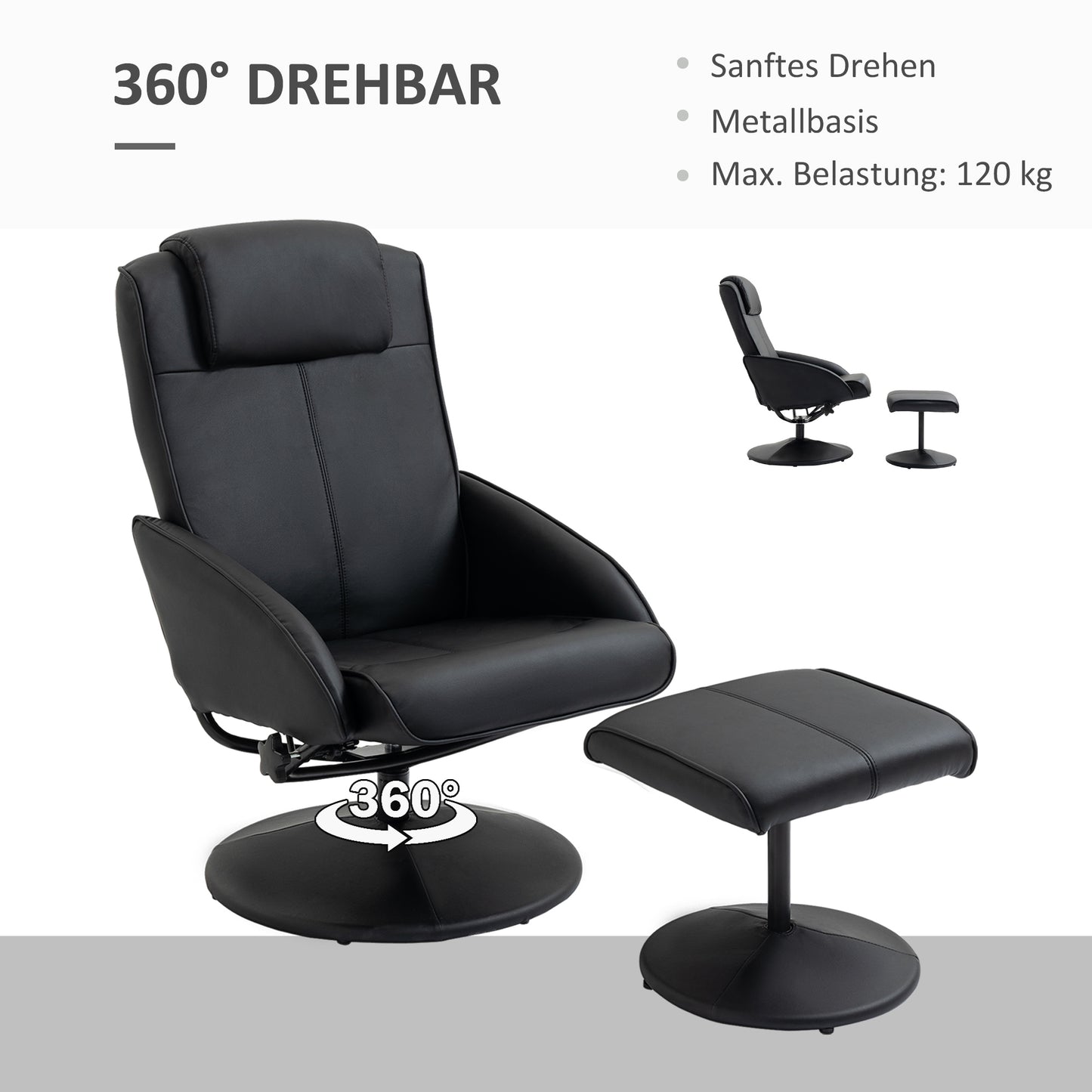 HOMCOM Relaxsessel mit Fußhocker, Kunstleder-Bezug, neigbar, ergonomisches Design, Schwarz
